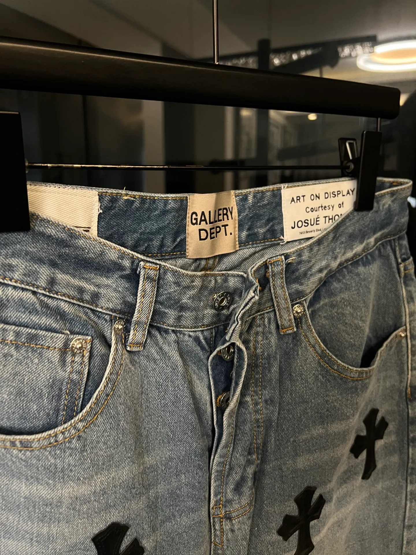 P260 [next day] Chrome hearts/Chrome hearts GALLERY DEPT cross-leather joint stitching jeans (blue) Size: 28 30 32 34 (corresponding to s-xl) Detailed sizes can be found in Figure 9
